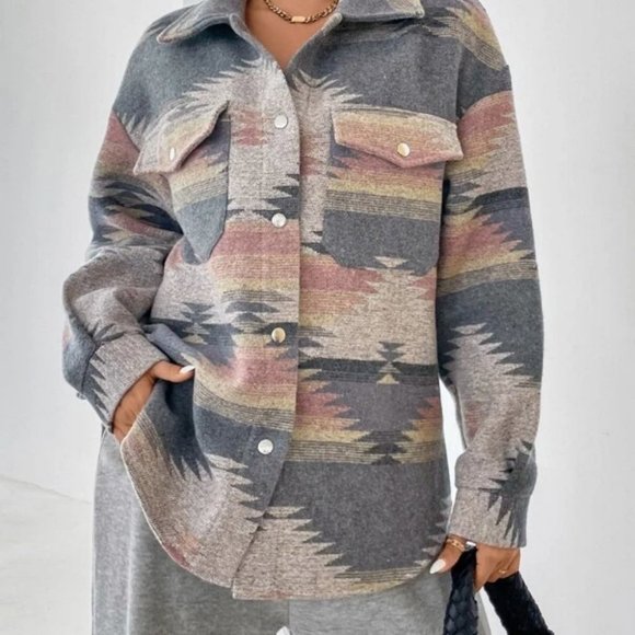 Geo Aztec Print Flap Pocket Overcoat Shacket jacket Casual Western - Picture 7 of 7